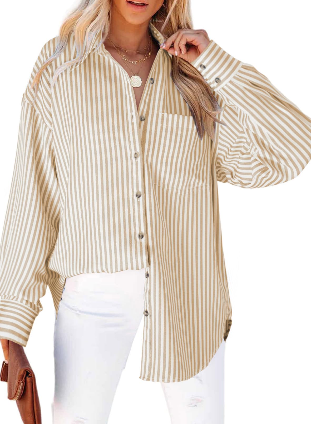 Dokotoo Womens Tops 2024 Button Up Stylish Oversized V Neck Long Sleeve Loose Fit Striped Shirts for Women Classic Daily Lightweight Dropped Sleeves with Cuffs Boyfriend Shirt Tops Medium Apricot