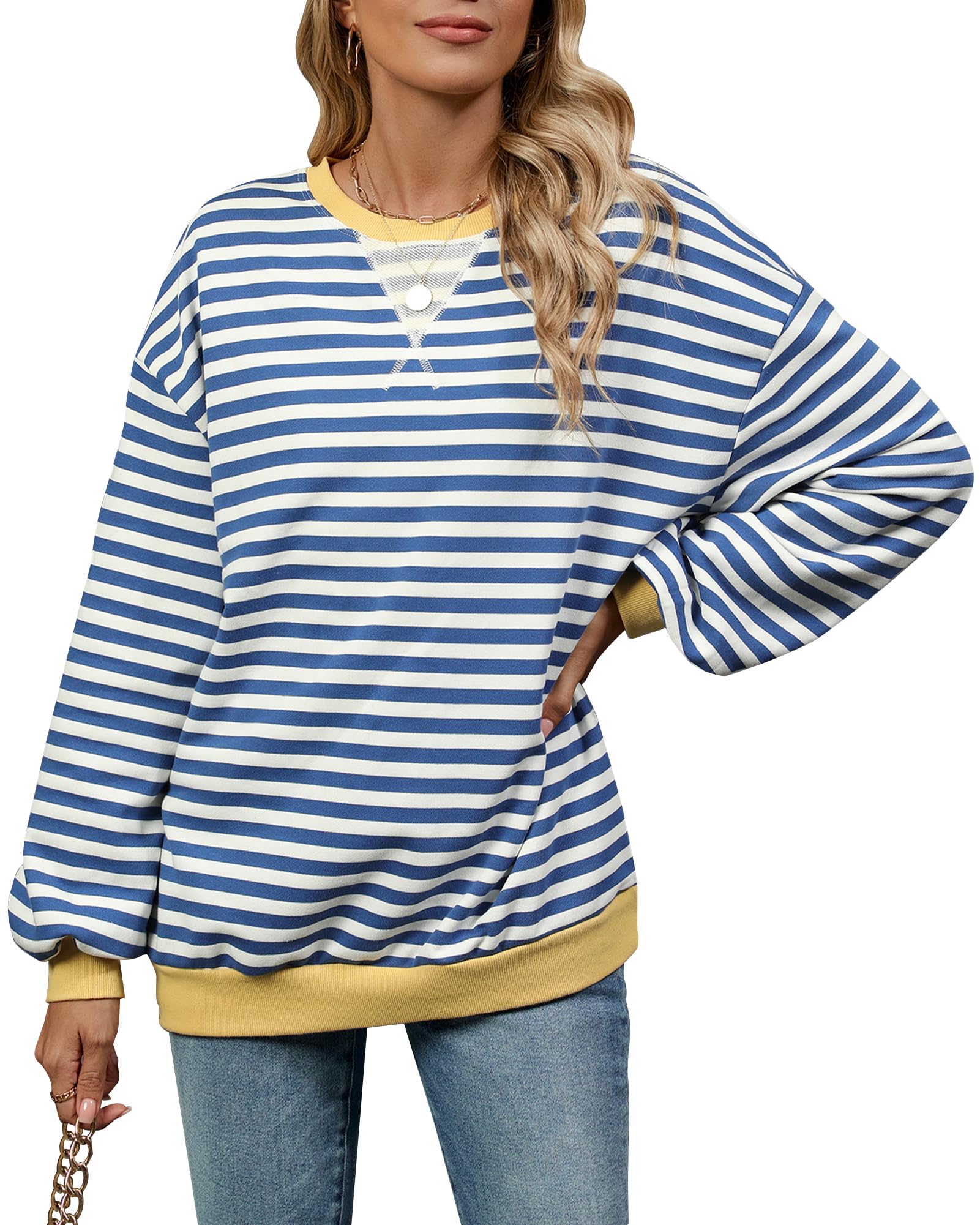 BellaDila Women Oversized Sweatshirt Crewneck Striped Long Sleeve Shirts Color Block Casual Loose Fall Pullover Y2K Tops 2024 Blue White