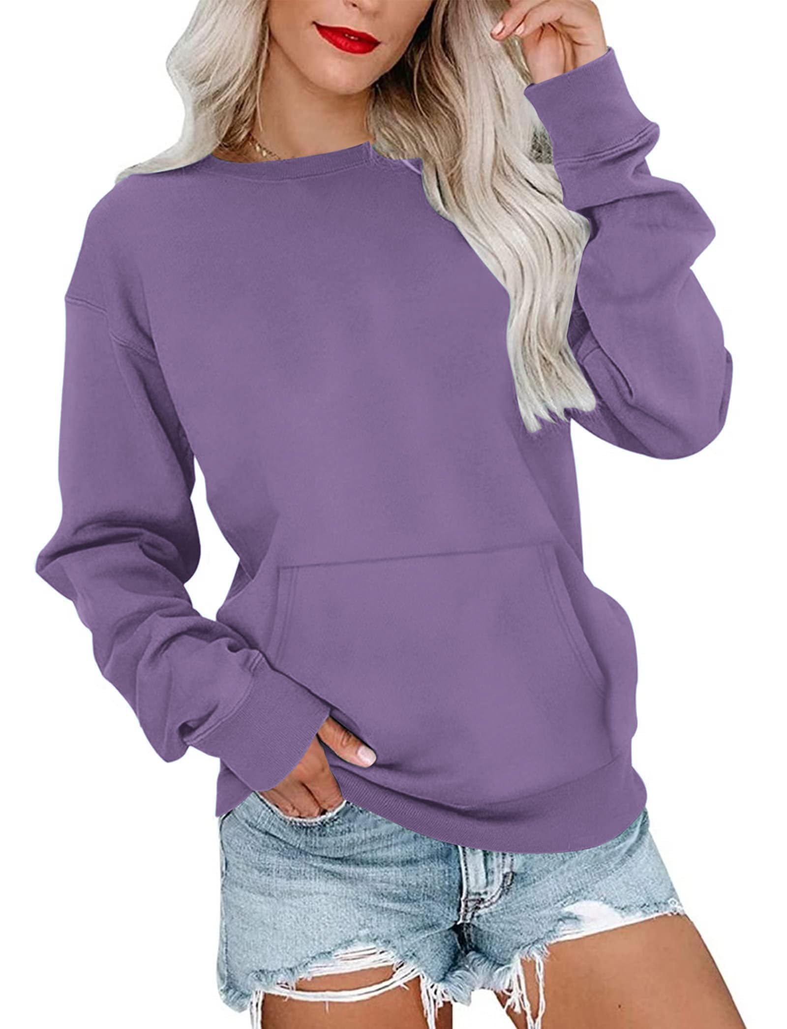 MISFAY Womens Oversized Sweatshirt Casual Long Sleeve Crewneck Hoodie Solid Pullover Lightweight Loose Tops with PocketPurple2XL