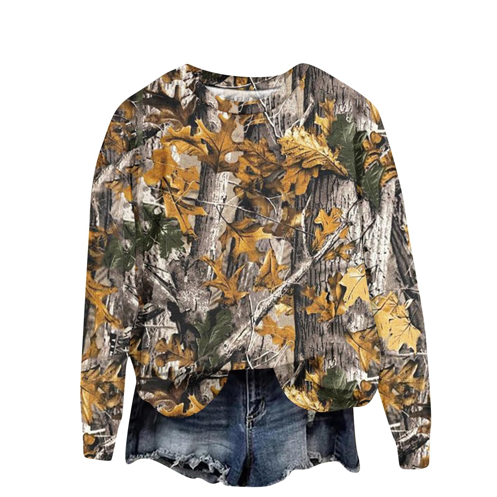 Womens Camo Sweatshirt Maple-Leaf Print Camo Crewneck Sweatshirts Long Sleeve Oversized Sweater Pullover Casual Tops