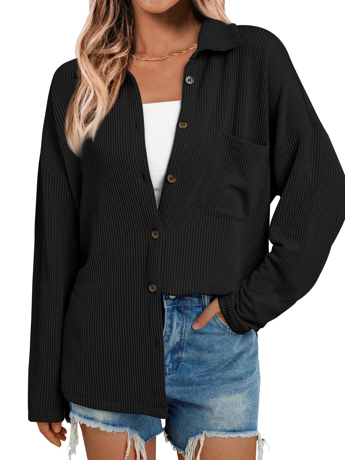 AUTOMET Button Down Shirts for Women Button Up Oversized Shackets Fall Fashion 2024 Outfits Black L