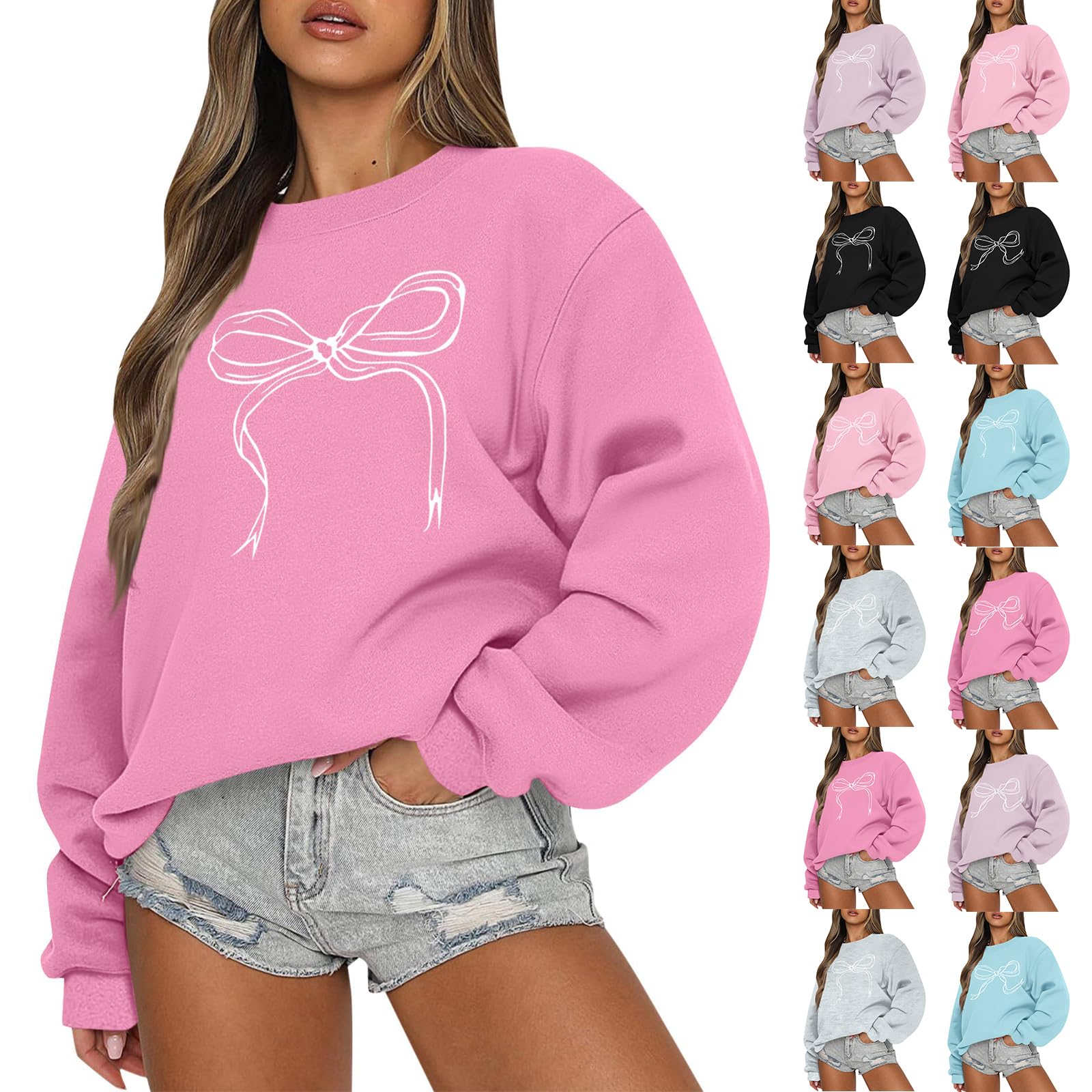 Oversized Sweatshirt for Women Bow Graphic Fleece Crewneck Sweatshirts Trendy Long Sleeve Bow Sweater Sweatshirt Casual Crew Neck Sweatshirts Pullover Comfy Spring Clothes Womens Oversized Sweatshirt