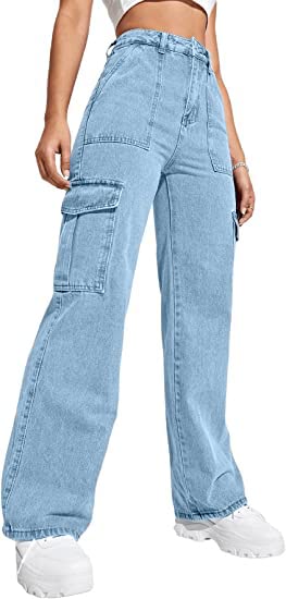 Cargo Pants Women High Waist Baggy Cargo Jeans with Pocket Baggy Jogger Relaxed Y2K Pants Fashion Jeans