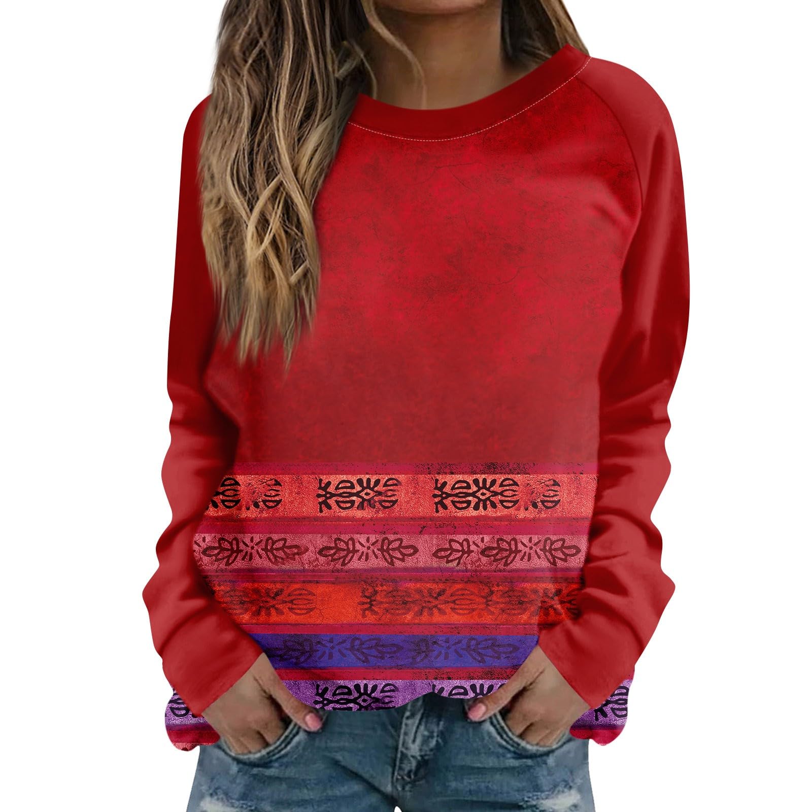 Womens Clothes Oversized Sweatshirt for Women Womens Oversized Sweatshirt Long Sleeve Floral Print Vintage Shirts Crewneck Trendy Loose Fit Sweater Women Fashion Red XXL