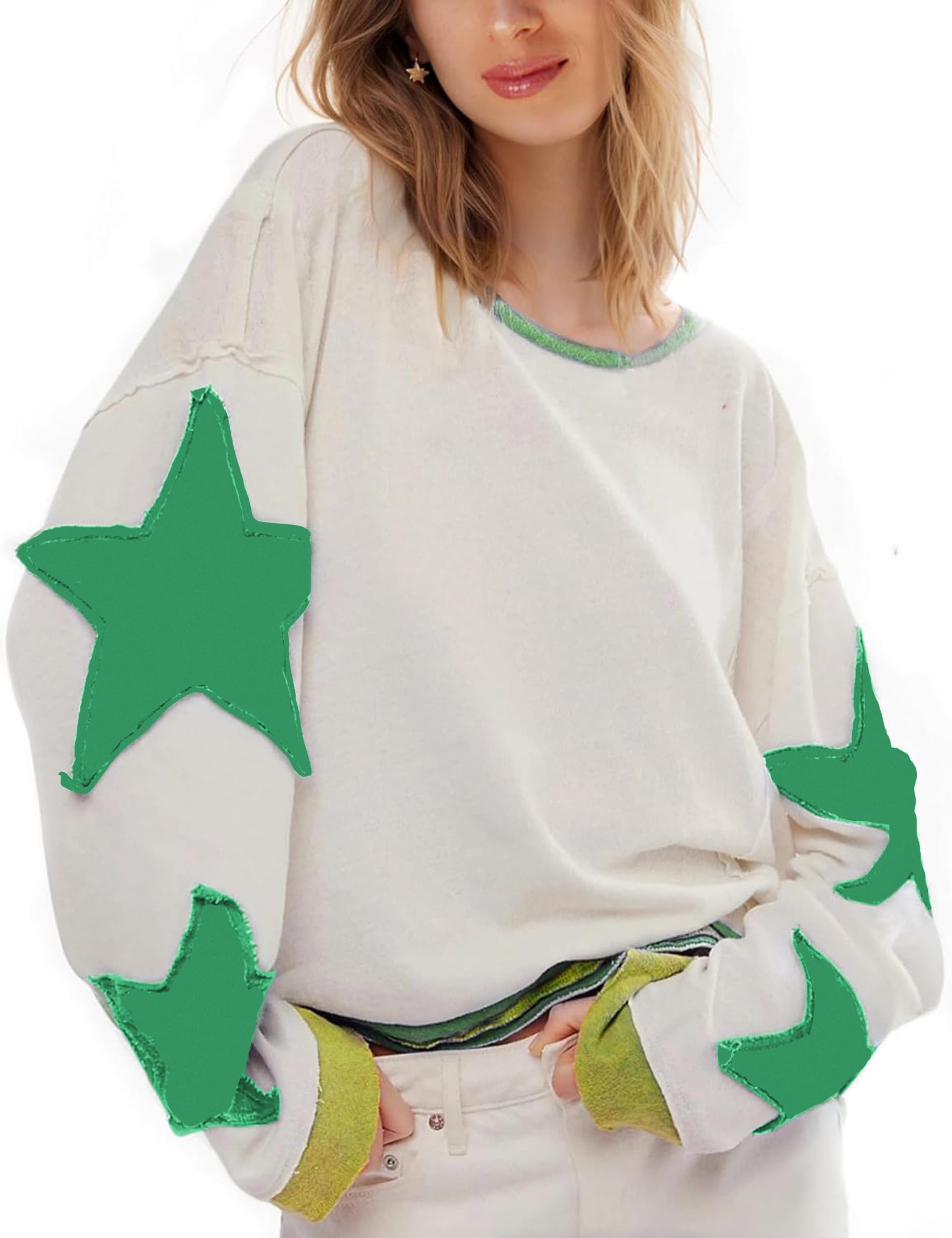ZIZERY Womens Oversized Sweatshirt Long Sleeve Y2k Star Shirt Drop Shoulder Vintage Graphic Crewneck Top(GreenL)