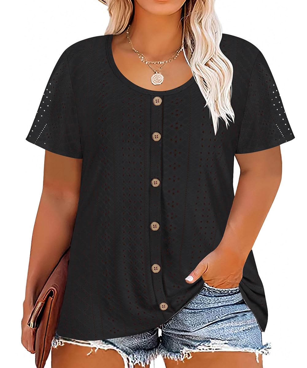 RITERA Plus Size Women Tops Summer Short Sleeve Crewneck with Button Up Tshirt Black Solid Color Basic Henley Shirt Oversized Ladeis Spring Blouse Loose Fit Henley Shirts 5X