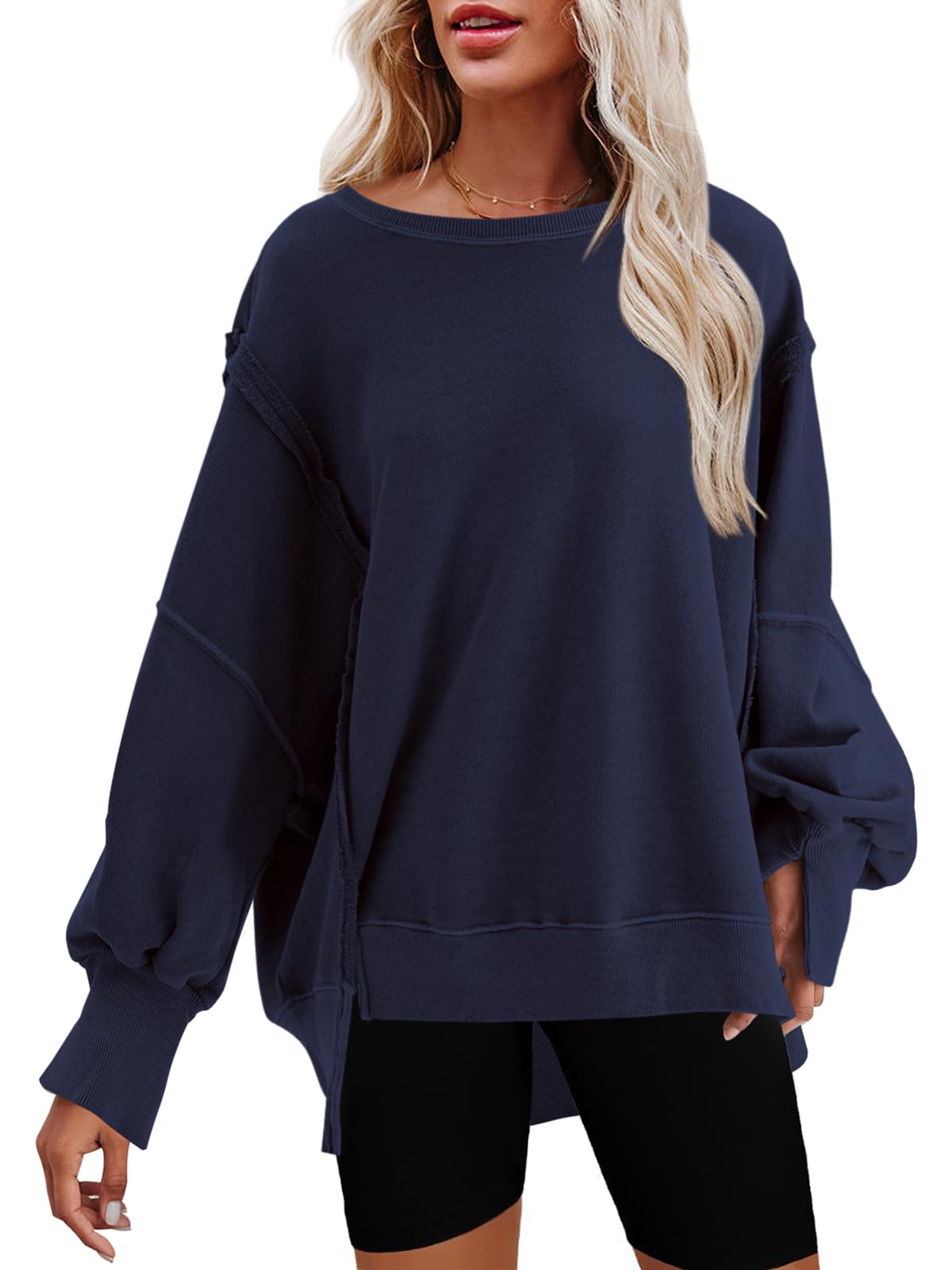 Nirovien Womens Oversized Crewneck Sweatshirt Side Slit Long Sleeve Pullover Slouchy Fit Tops(Navy BlueS)