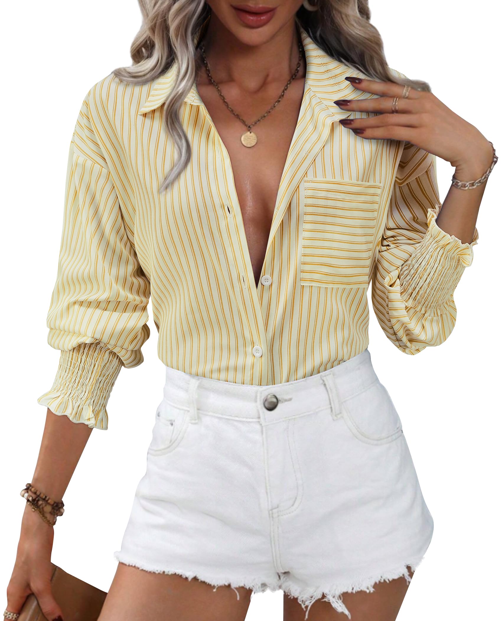 Yellow Stripe Shirt Women Dressy Casual Striped Shirt Ladies Oversized Button Up Shirts Juniors Shirred Smocked Cuffed Loose Fit Boyfriends Shirt Business Casual Tops Trendy Fashion Outfits Y2K