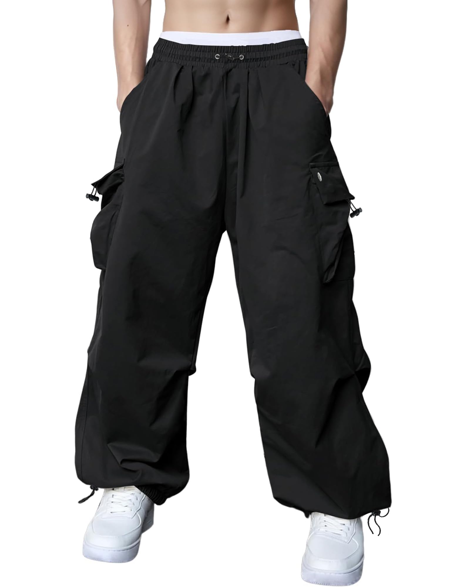 Susclude Parachute Cargo Pants for Men Wide Leg Baggy Sweatpants Casual Black Cargo Pants with Pocket