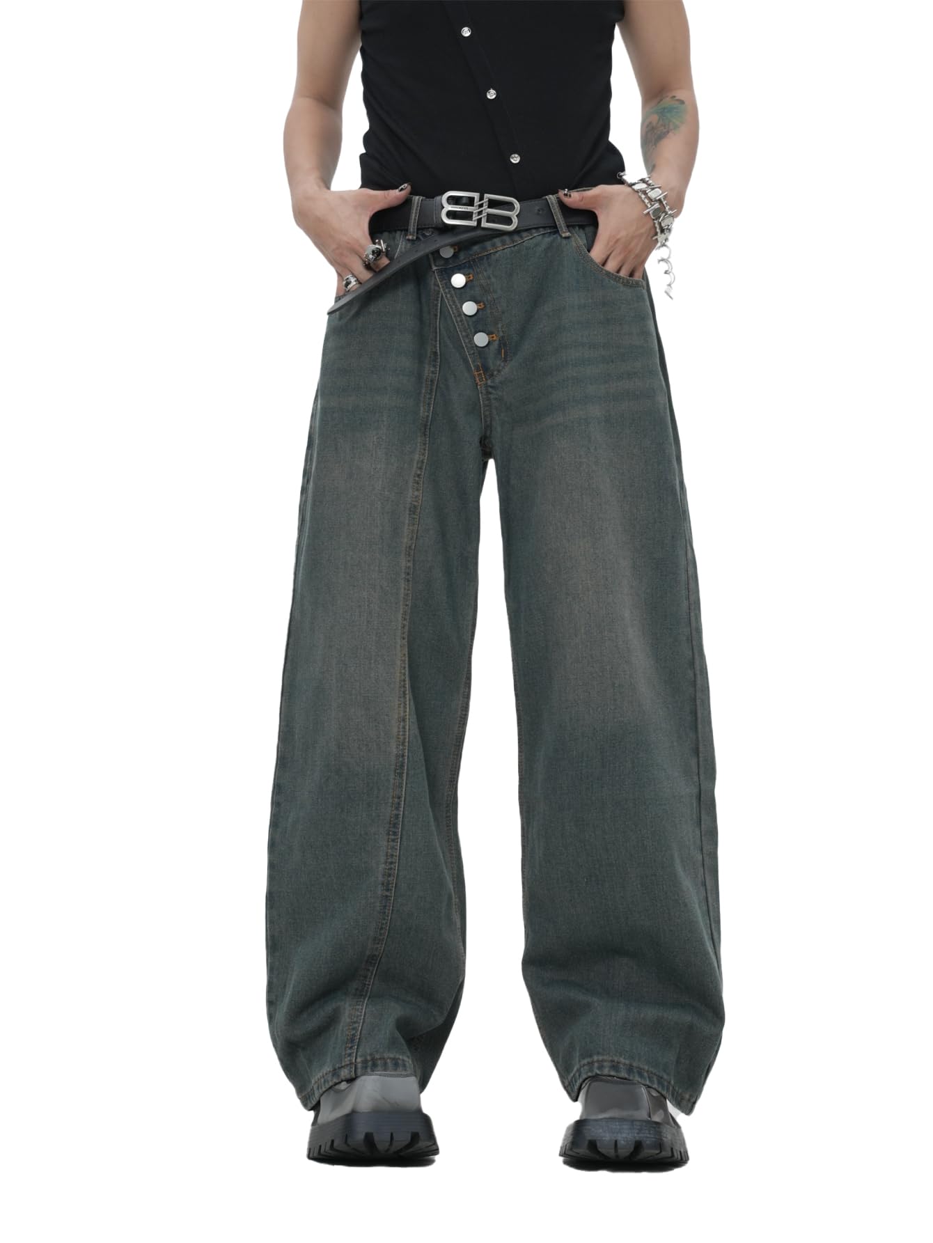 DFGIGT Mens Angled Button Fly Baggy Jeans Hip Hop Y2k Wide Leg Denim Pants Skater Jeans Streetwear 2000s Straight Oversized Super Loose Fit Relaxed Fit 2000s Extreme MotionC10 Dark BlueX-Small