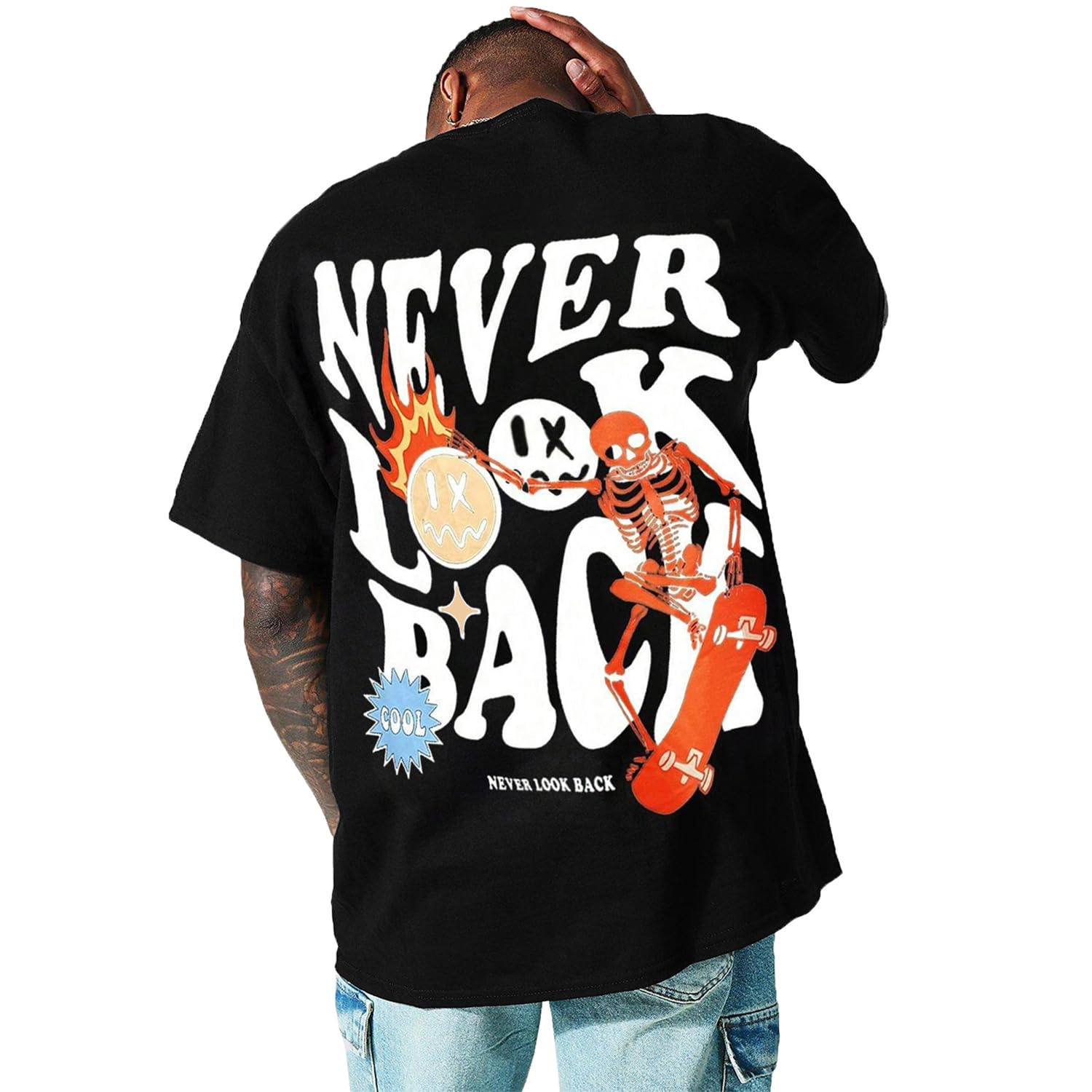 Mens Graphic Tees Vintage T-Shirts Oversized Floral Letter Print Casual Crewneck Top Short Sleeve Rapper Streetwear Skull Black XL