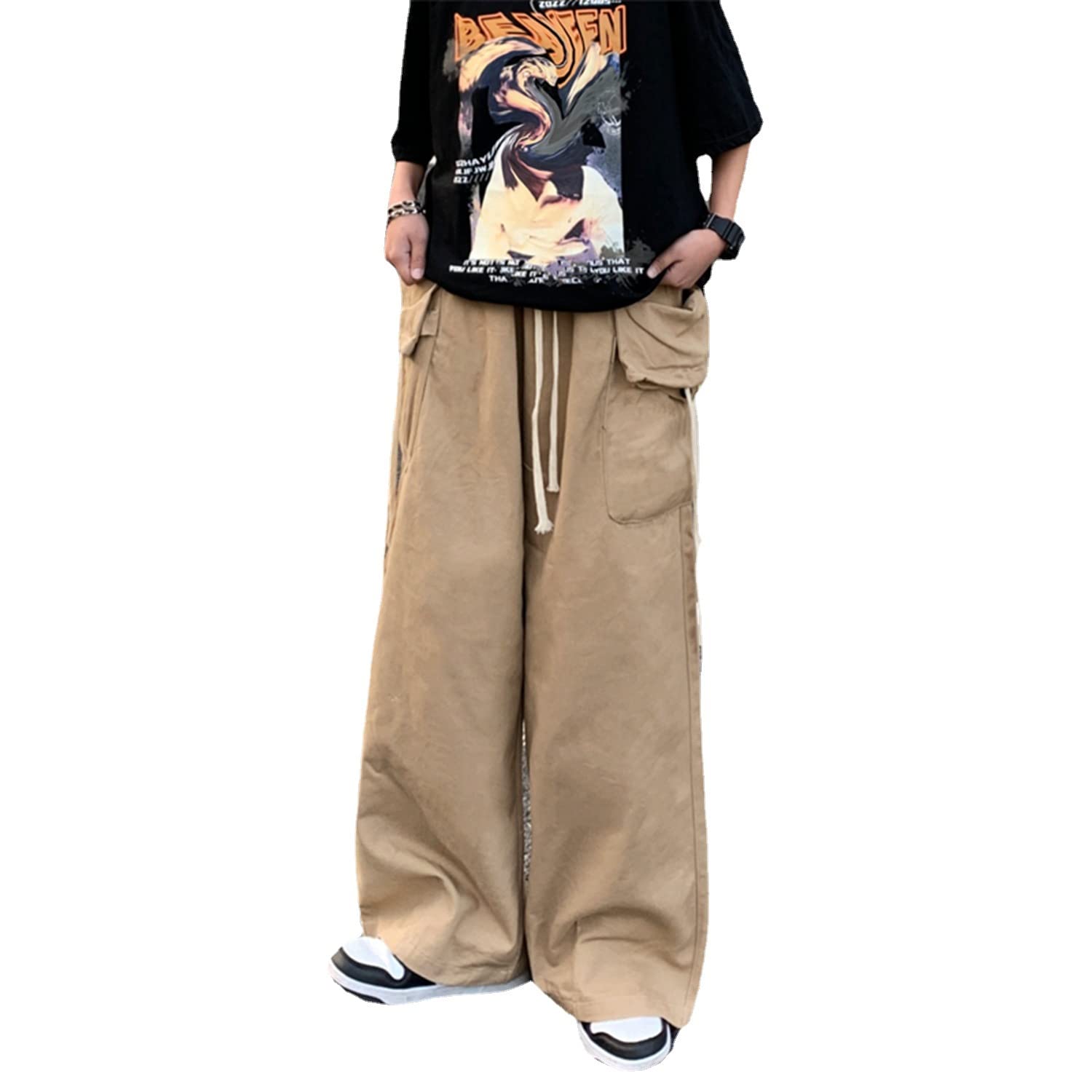 Baggy Cargo Joggers for Men Y2k Gothic Streetwear Wide Leg Cargo Pants with Pockets (MK62 Khaki)
