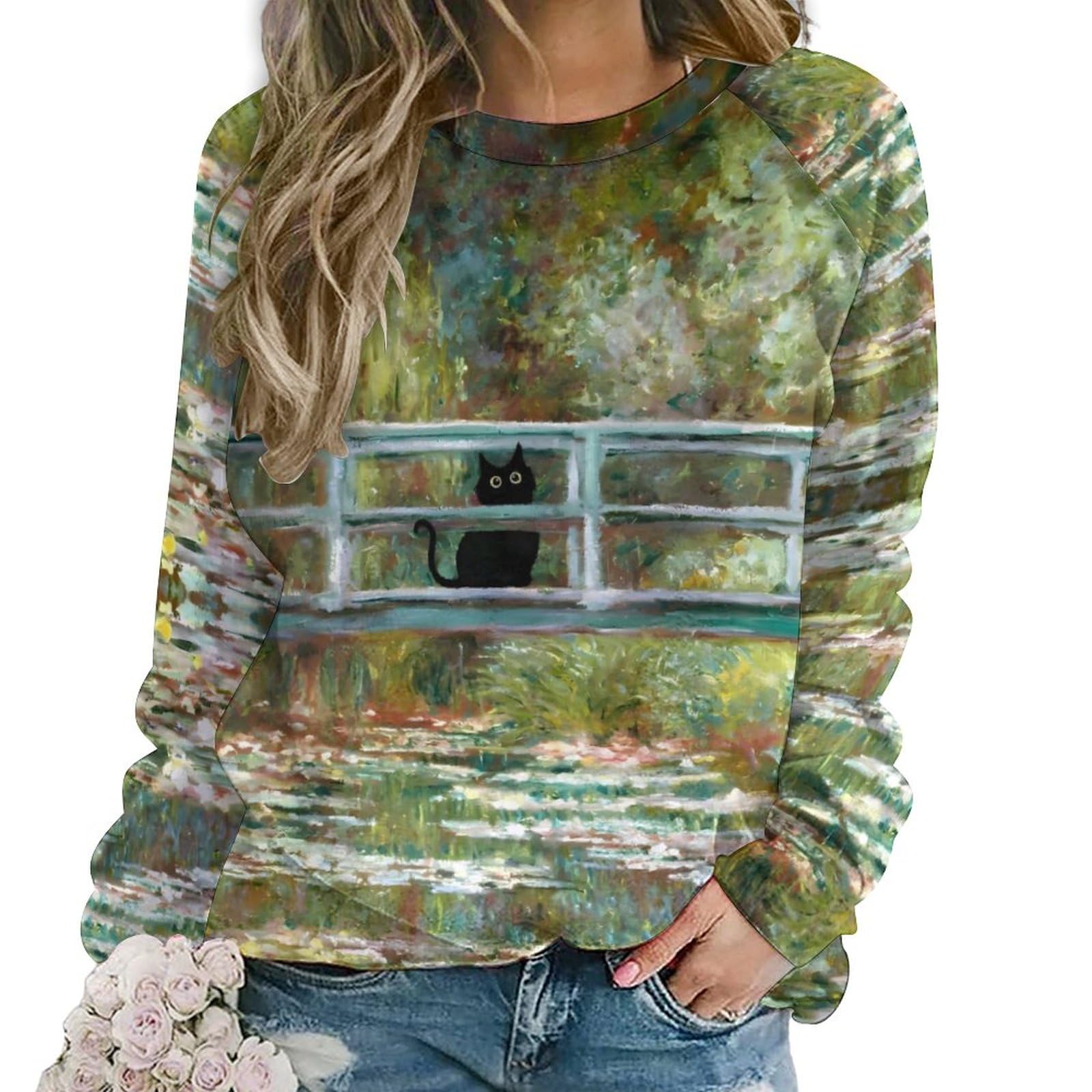 QANSI Floral Womens Oversized Crewneck Sweatshirt Black Cat Crewneck Sweatshirt Women Long Sleeve Casual Loose Fit Graphic Sweatshirt for Women Pullover Tops Shirts Black Cat Monet Waterlily
