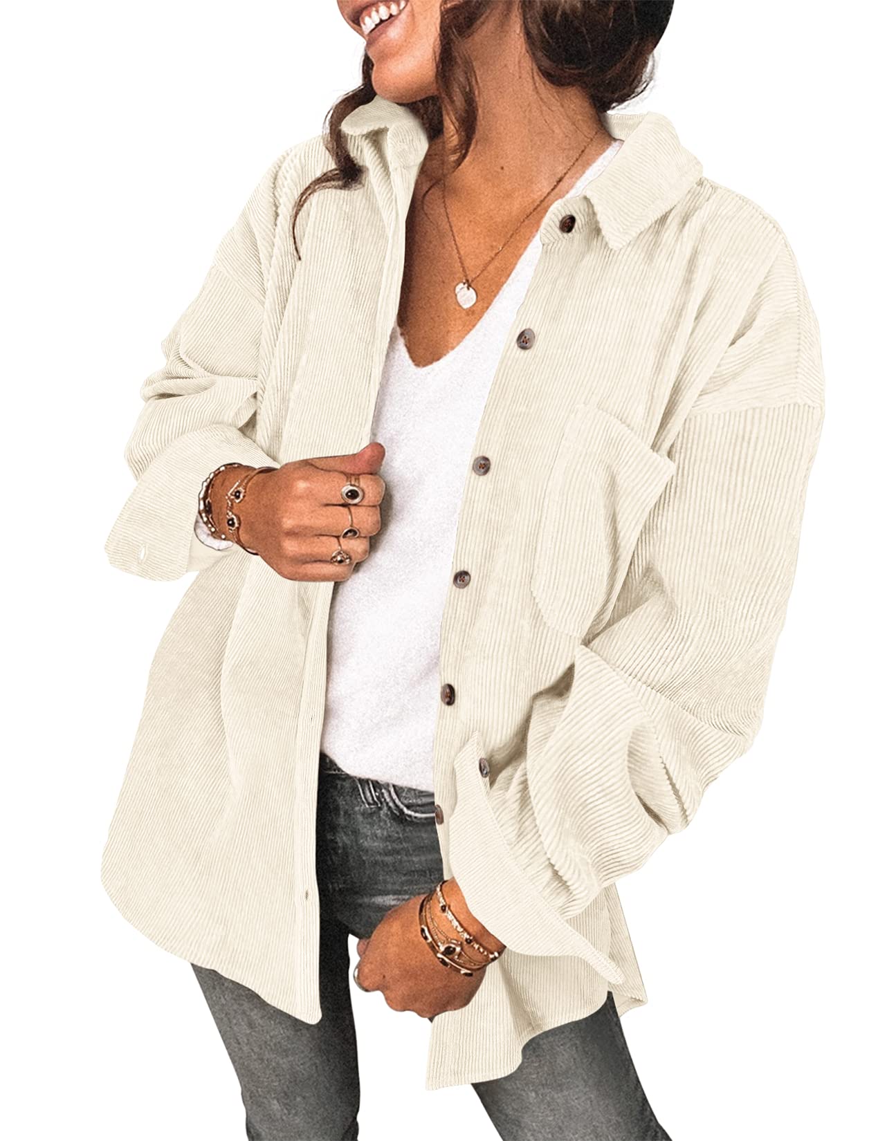 Saslax Womens Corduroy Shirt Long Sleeve Oversized Button Up V Neck Blouses Tops Loose Casual Ribbed Jackets with Pockets Beige M