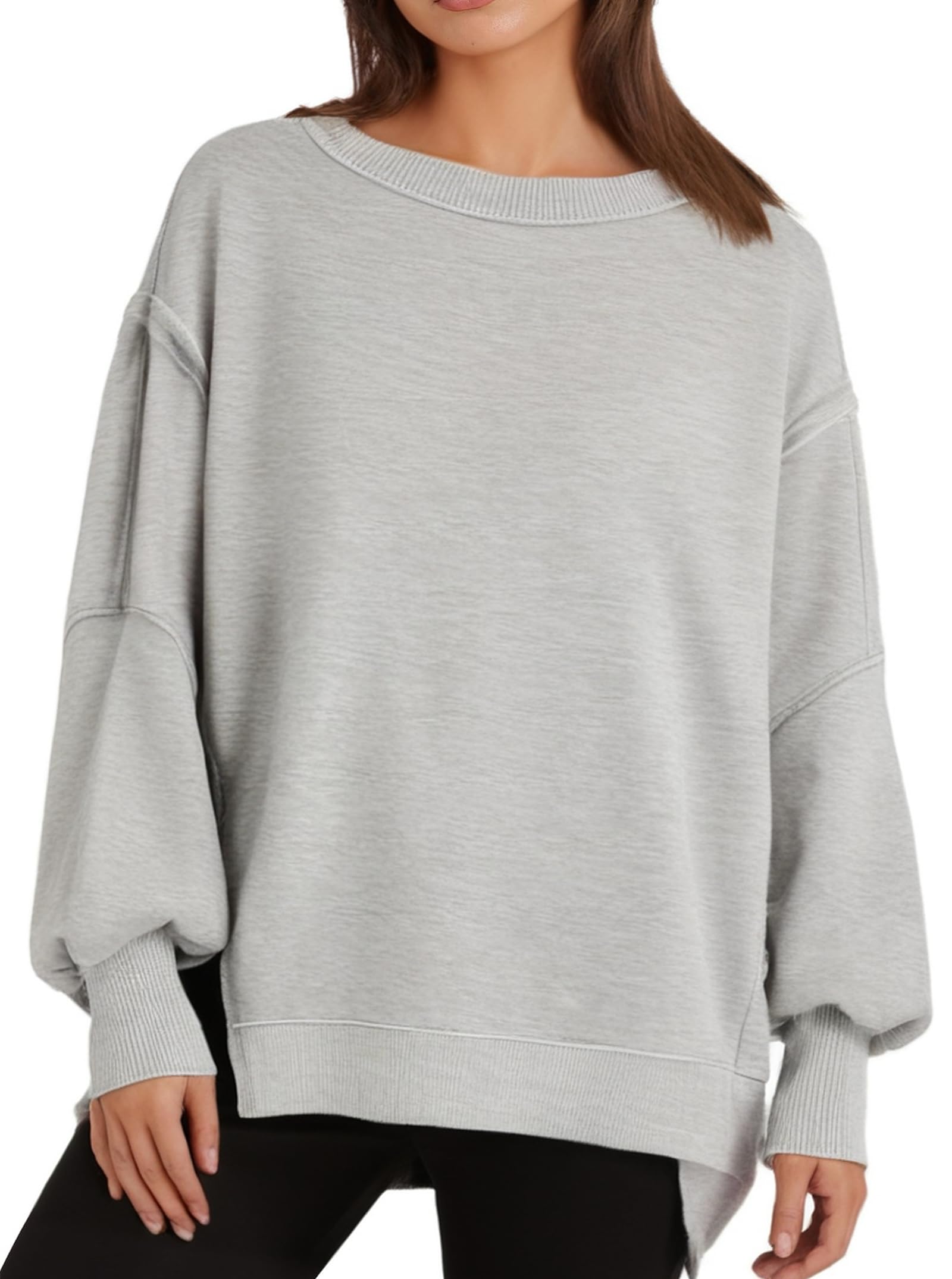 DOMODO Womens Plus Size Oversized Sweatshirt Crewneck Long Sleeve Casual Pullover Preppy Fall Side Split Tops Gray